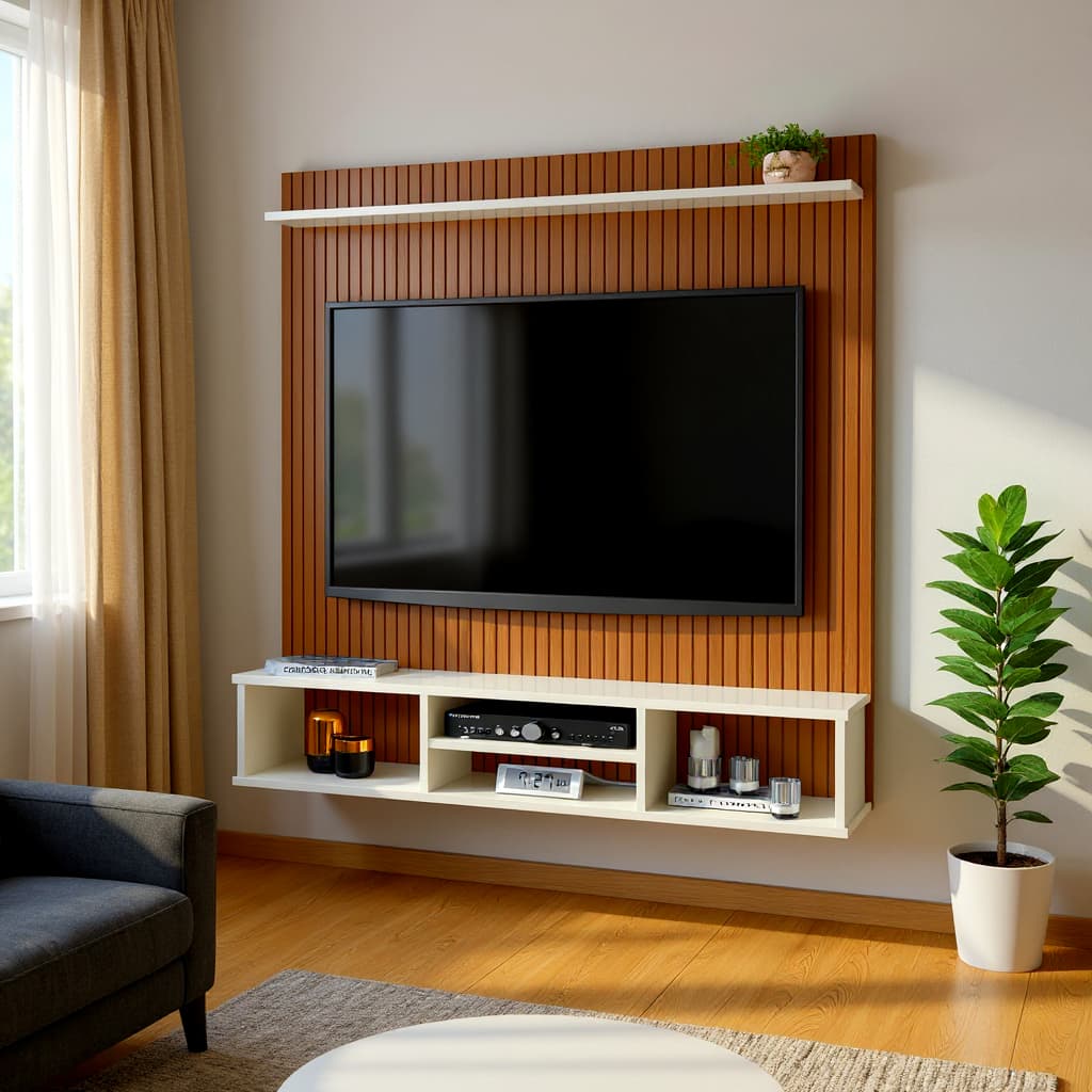 Painel Ripado Até 50 Polegadas Para Sala Com TV Nicho e Prateleira Ideal Suporte Quarto Moderno