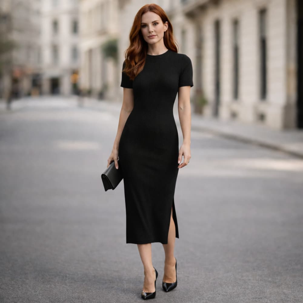Vestido Canelado Premium  Midi com Manga Curta e Fenda Lateral Elegante Casual