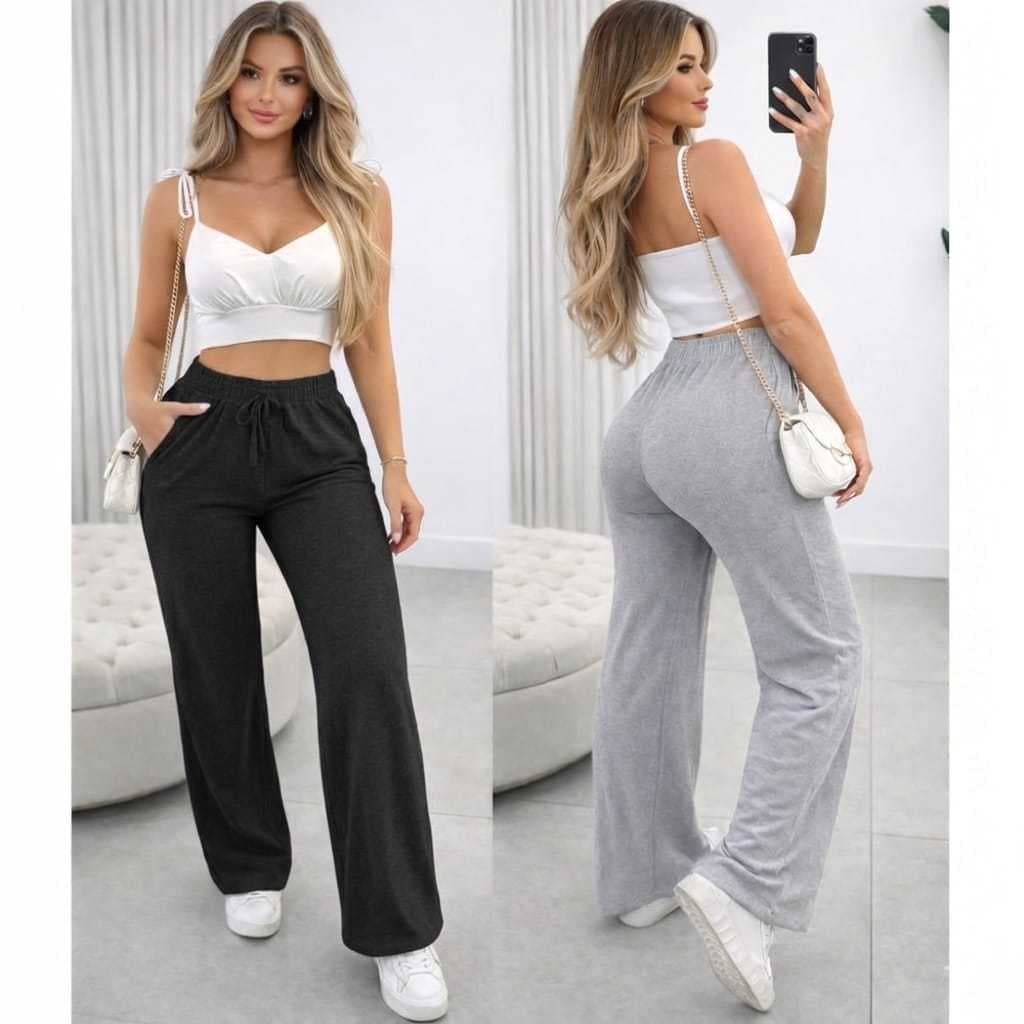 Kit 2 Calça Lãzinha Feminina Pantalona Cintura Alta Confortável Inverno Moda Casual Soltinha Premium