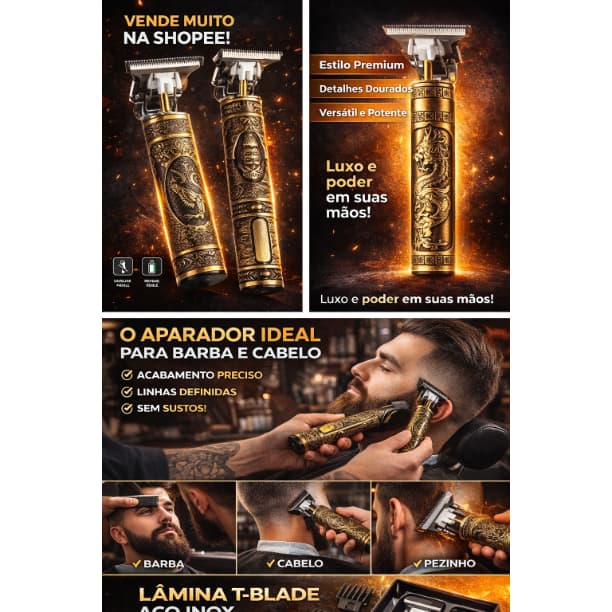 Máquina de Corte Profissional T-Blade Sem Fio | Acabamento Barba Cabelo + Lâmina Aço Inox + Recarregável