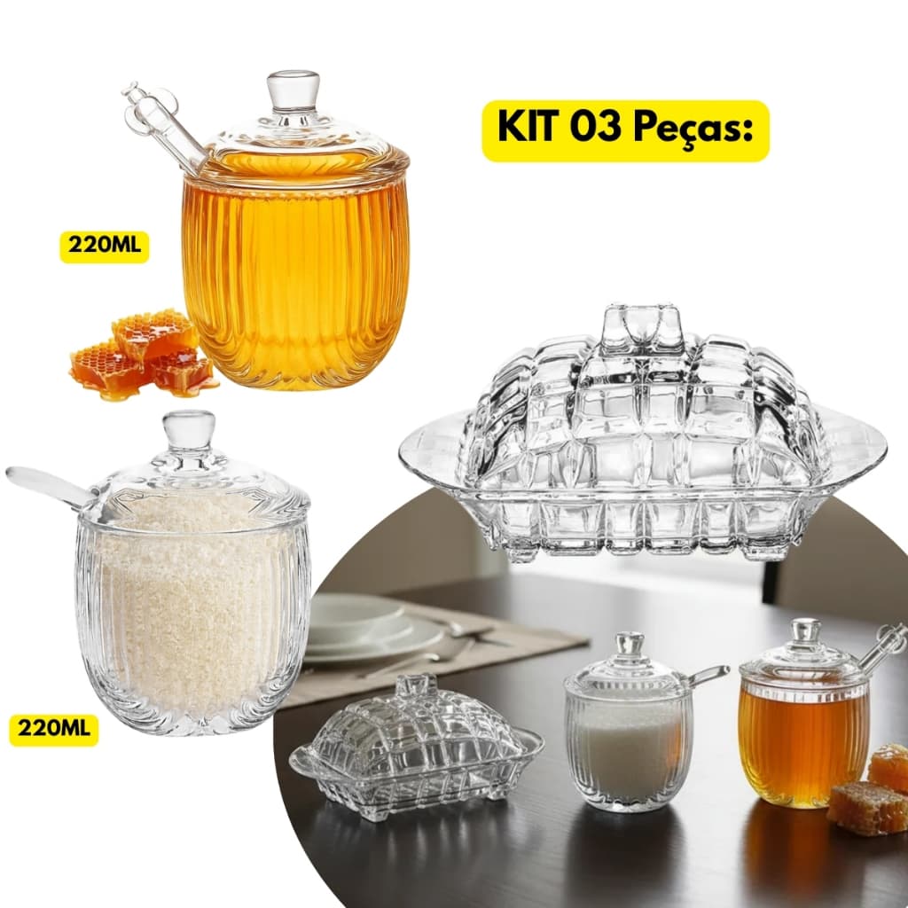 Jogo Kit 03 Peças Manteigueira Vidro C/ Tampa + Açucareiro + Meleira 220ML Servir Mesa Posta Lanche