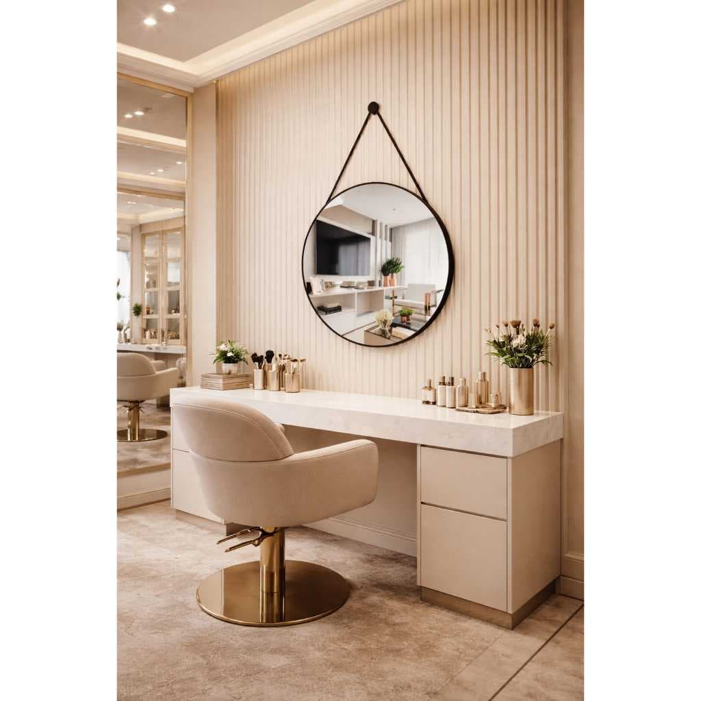 Espelho decorativo redondo Adnet com alça de couro ecológico + pendurador sala banheiro quarto