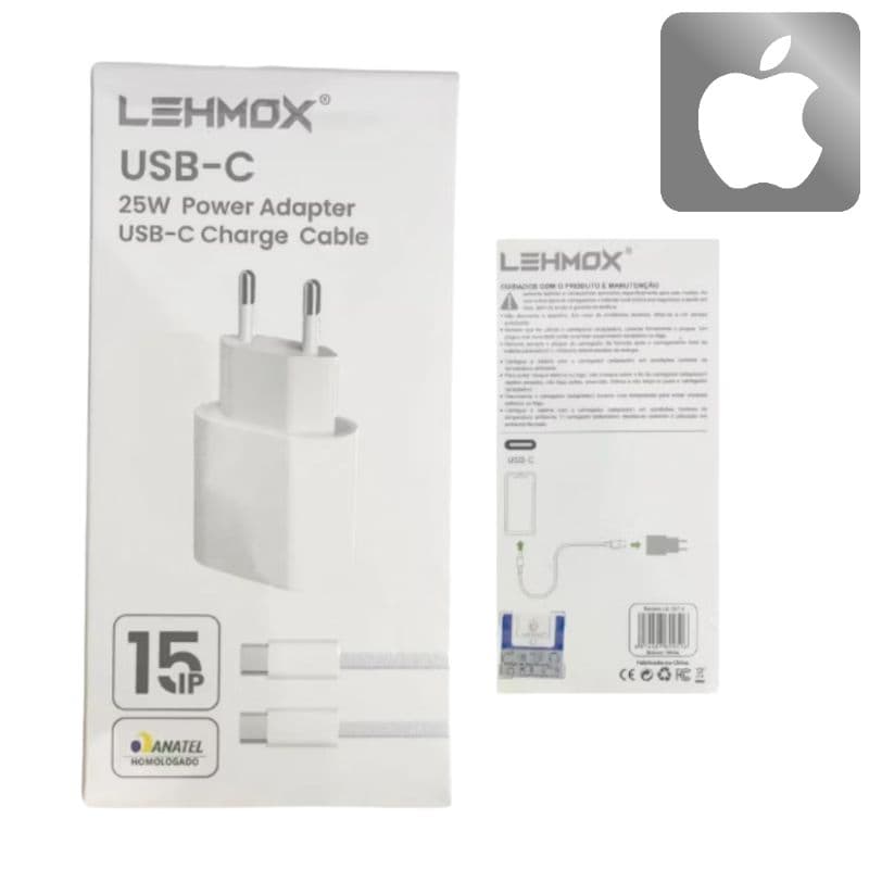 Carregador Turbo 25W USB-C Lehmox Original Anatel Bivolt + Cabo Tipo C–iPhone 15/16 e Android Rápido