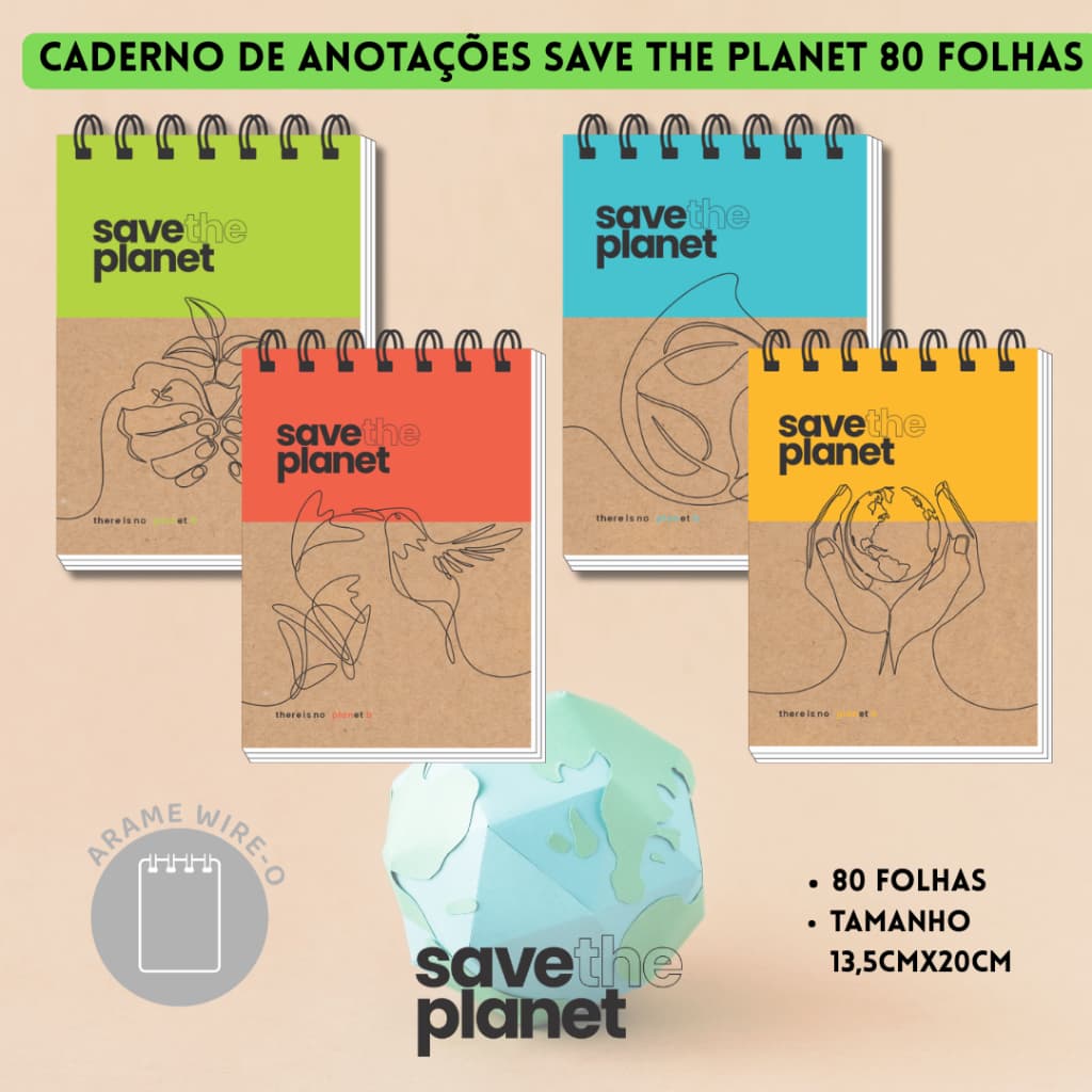 Caderno de Anotações Espiral Alto 80 Folhas Caderneta Arame Wire-O Save The Planet 3B Cadernos