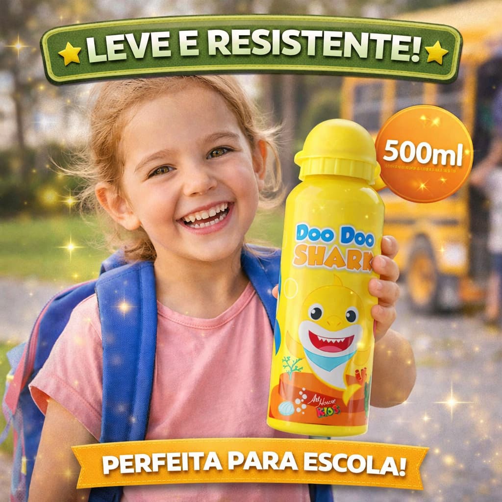 Garrafa Infantil Alumínio 500ml Shark Resistente Escola Passeio Criança