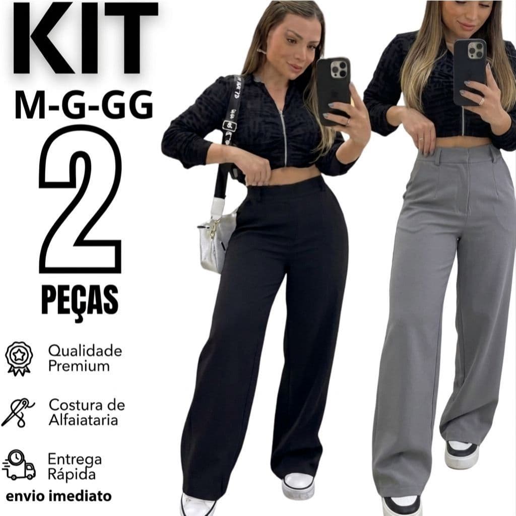 Kit 2 Calças Pantalona Alfaiataria Cintura Alta Com Bolso PROMOÇÃO