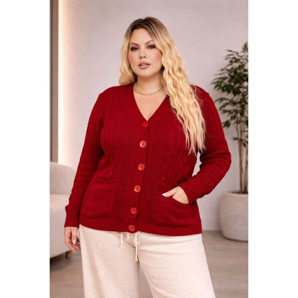 Casaco Cardigan Feminino Plus Size em Tricot com Botões e Bolsos Outono Inverno Frio