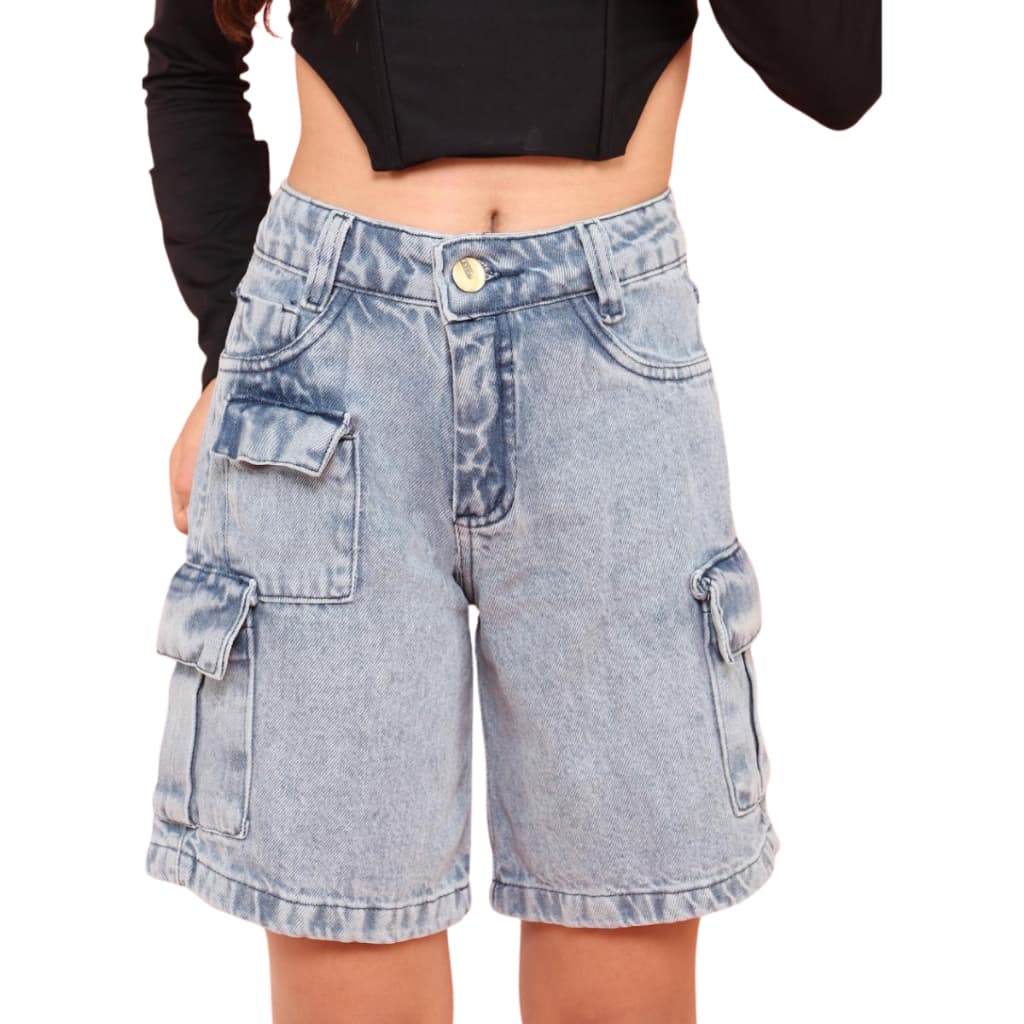 Short Jeans Cargo pedal Juvenil Infantil Marmorizado Claro Moda Tendência 10 ao 16