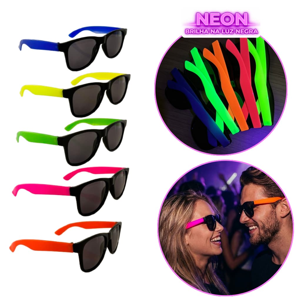Kit 5 Óculos Neon Brilha Escuro Coloridos Festa Aniversário Casamento Brilha