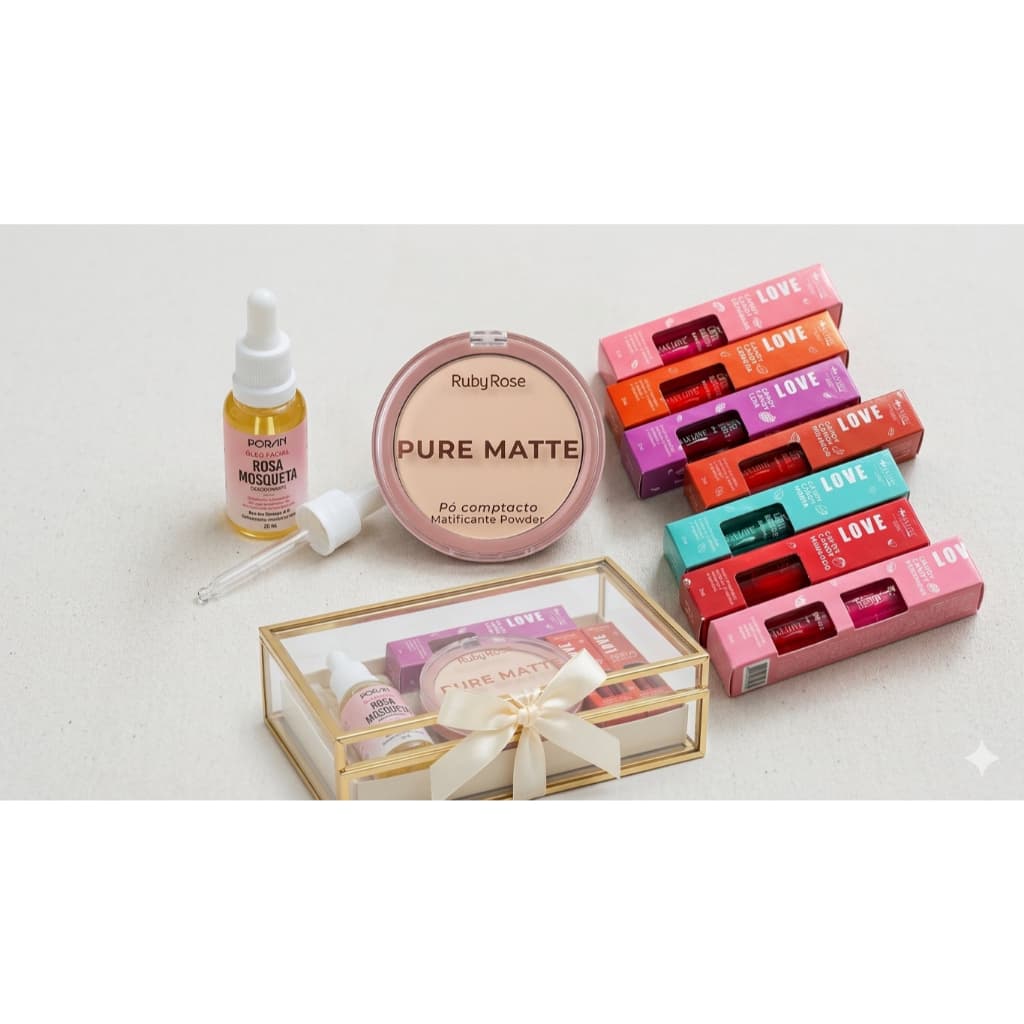 Kit Skin & Glow: Pó Matte Ruby Rose + Óleo Rosa Mosqueta Porán + Lip Oil Candy Max Love Sortido