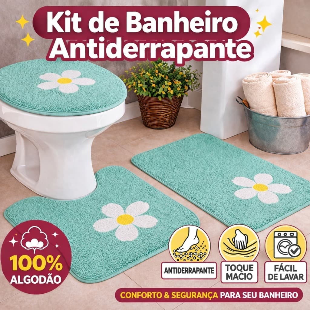 kit Banheiro 3PÇ Antiderrapante Cotton Pelo Baixo 100% Algodão Aplique