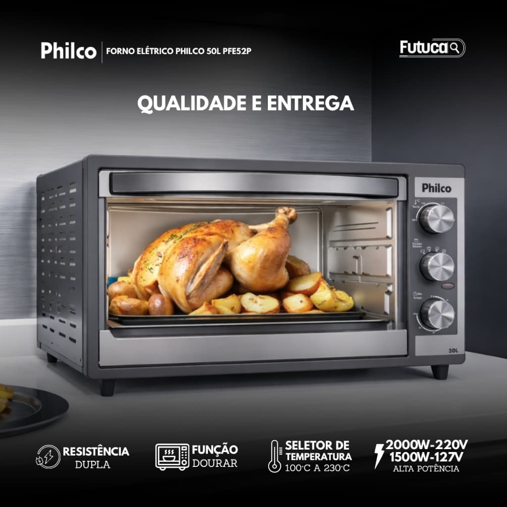 Forno Elétrico Philco 50L PFE52P Alta Potência Timer Ajustável Assa Carne Frango Bolos Grande Capacidade