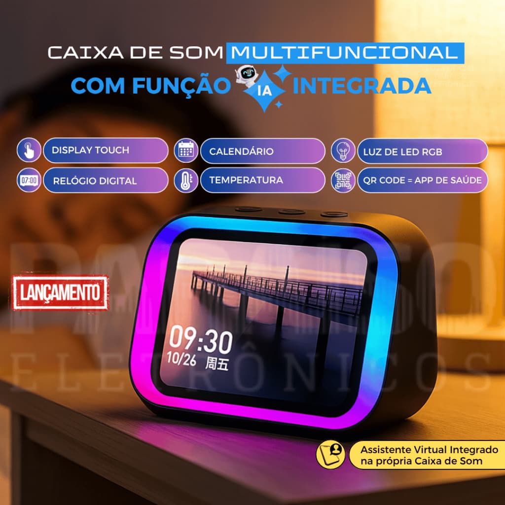 Caixa de Som IA 20W Bluetooth Display Touch Portátil LED Potente com Tela e Relógio