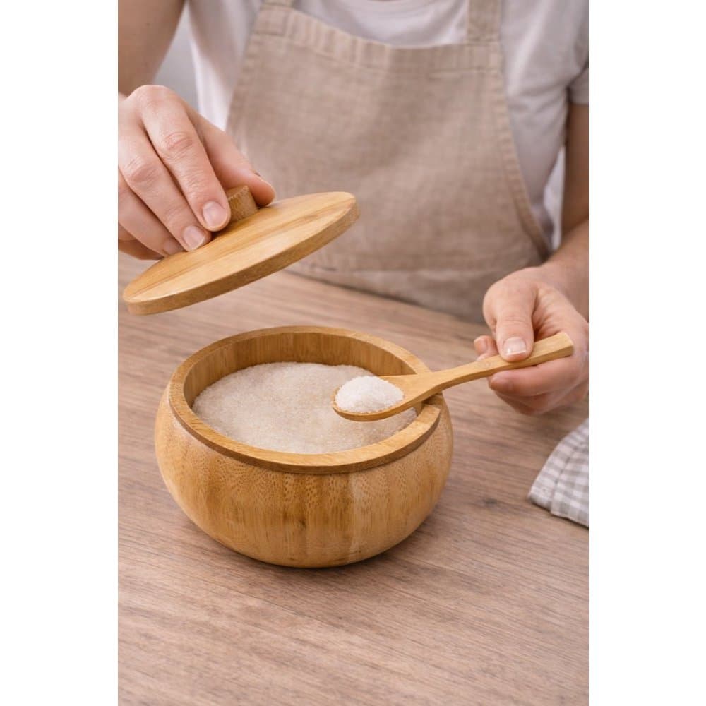 Açucareiro de bambu com colherinha sustentável para o meio ambiente
