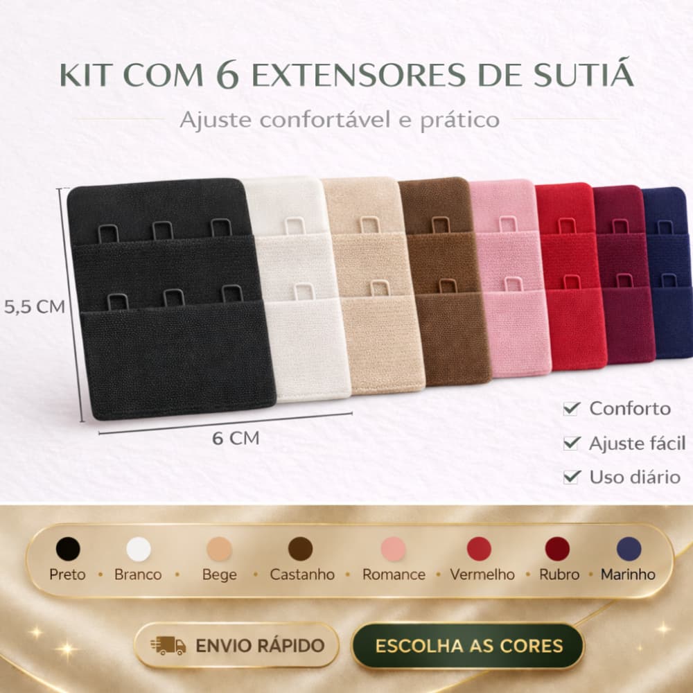 Kit 06 extensor prolongador de sutiã 3 ganchos extensor colchete de sutia reforçado plus size com 6 cm de largura