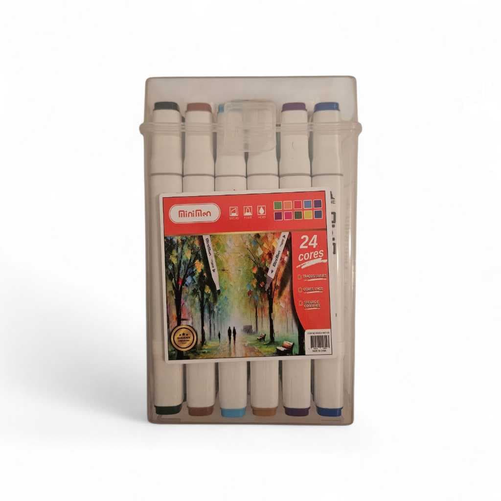 Kit de canetas marcadoras Mini Men 24 unidades sortidas ponta dupla cores vibrantes