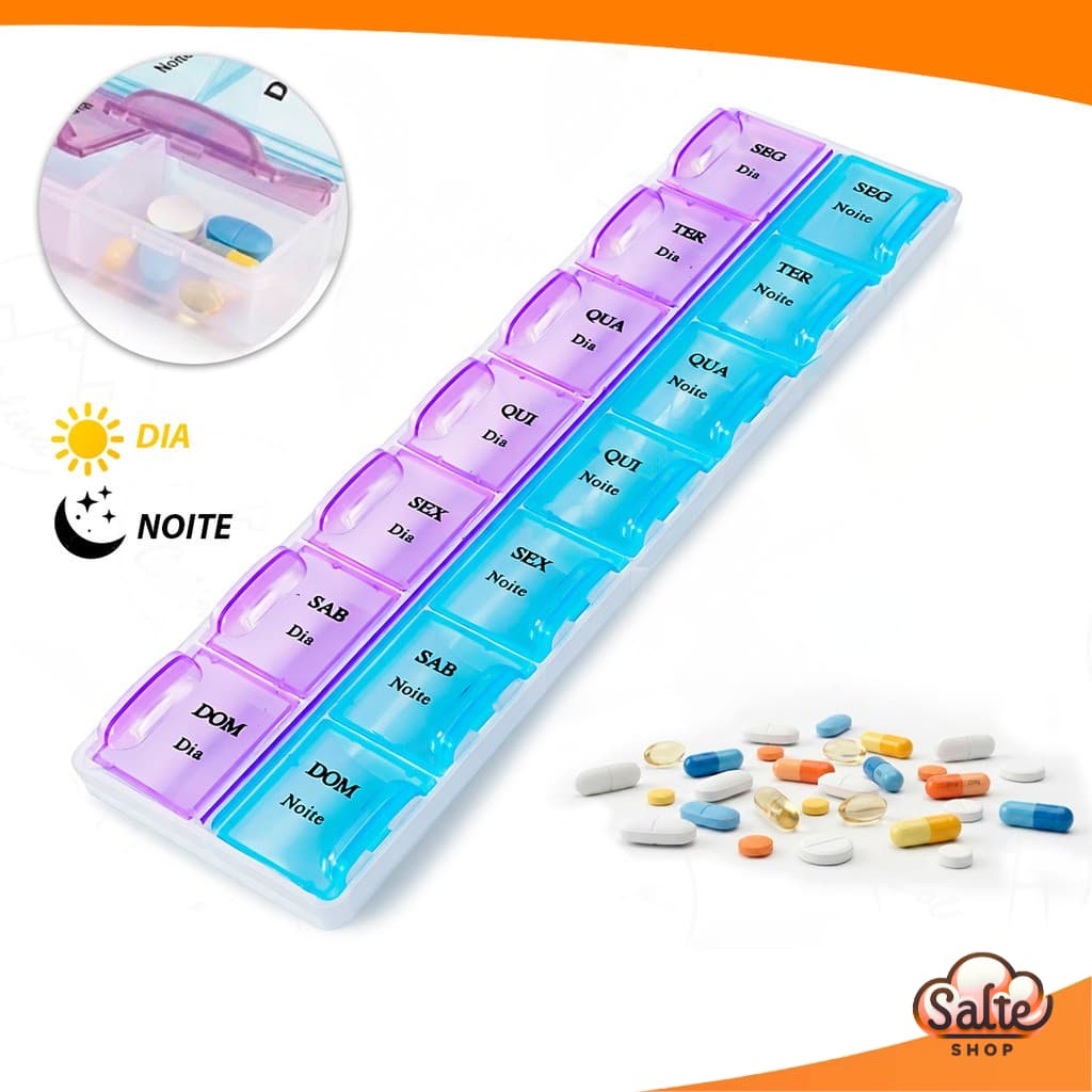 Porta Comprimidos Semanal 14 Divisórias Dia Noite Organizador Capsula Medicamentos Vitaminas Prático