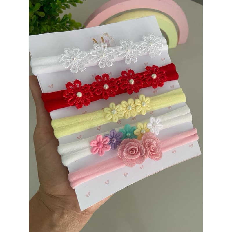 Tiara Bebê Recém Nascida Faixa Meia de Seda com Pérolas e Flores Kit 5 Unidades