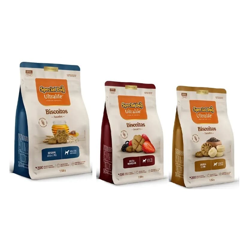 Trio Biscoitos Special Dog - Original 500g - Frutas Vermelhas 250g - Banana/Chia 250g