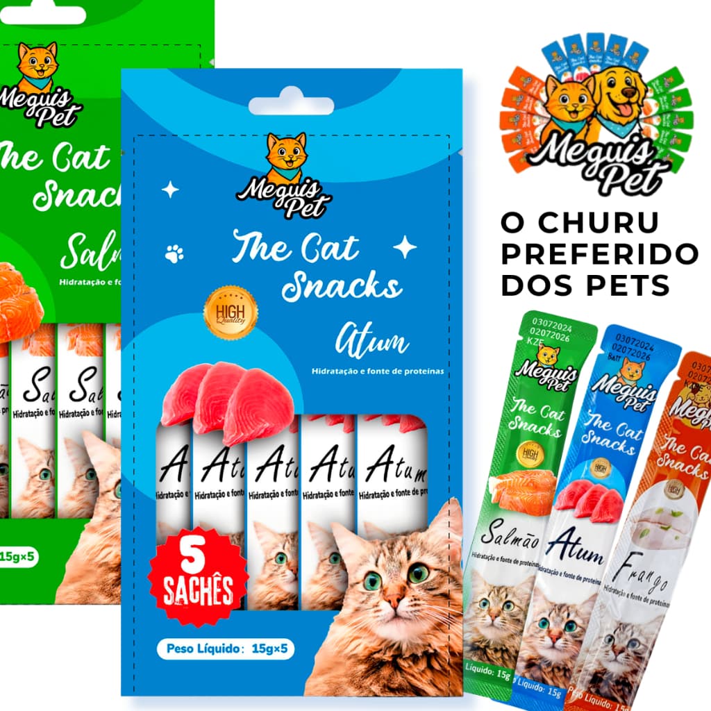 Petisco Churu MeguisPet Snack Cremoso p/Gatos Frango Atum Salmão Tubetes 15gr