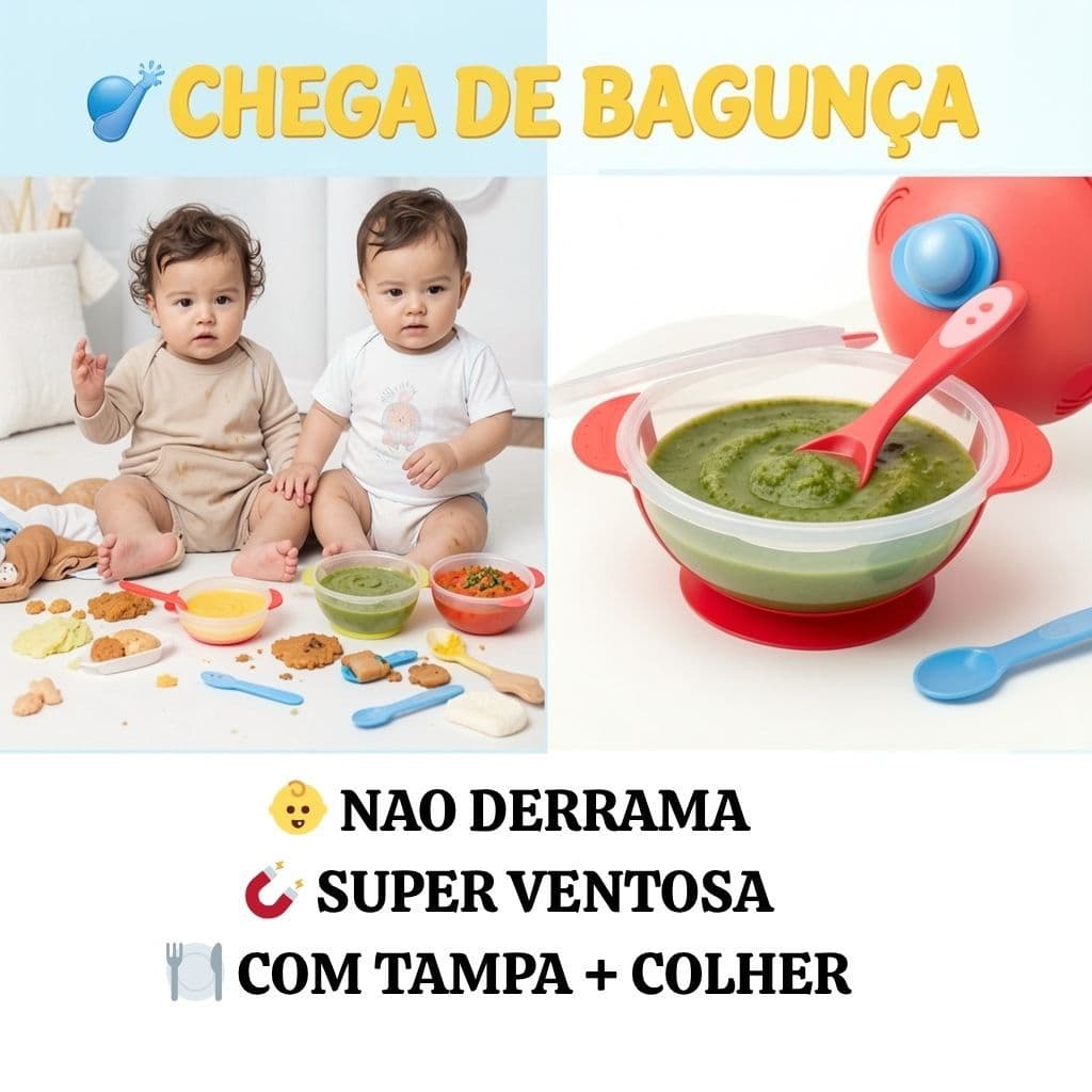 Kit Alimentação Bebê Tigela com Ventosa Tampa e Colher Não Derrama Infantil