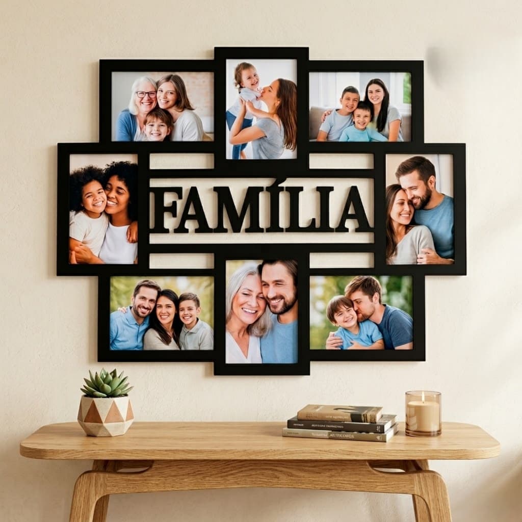 Mural Porta Retrato 8 Fotos MDF Decorativo 62x49cm - Familia