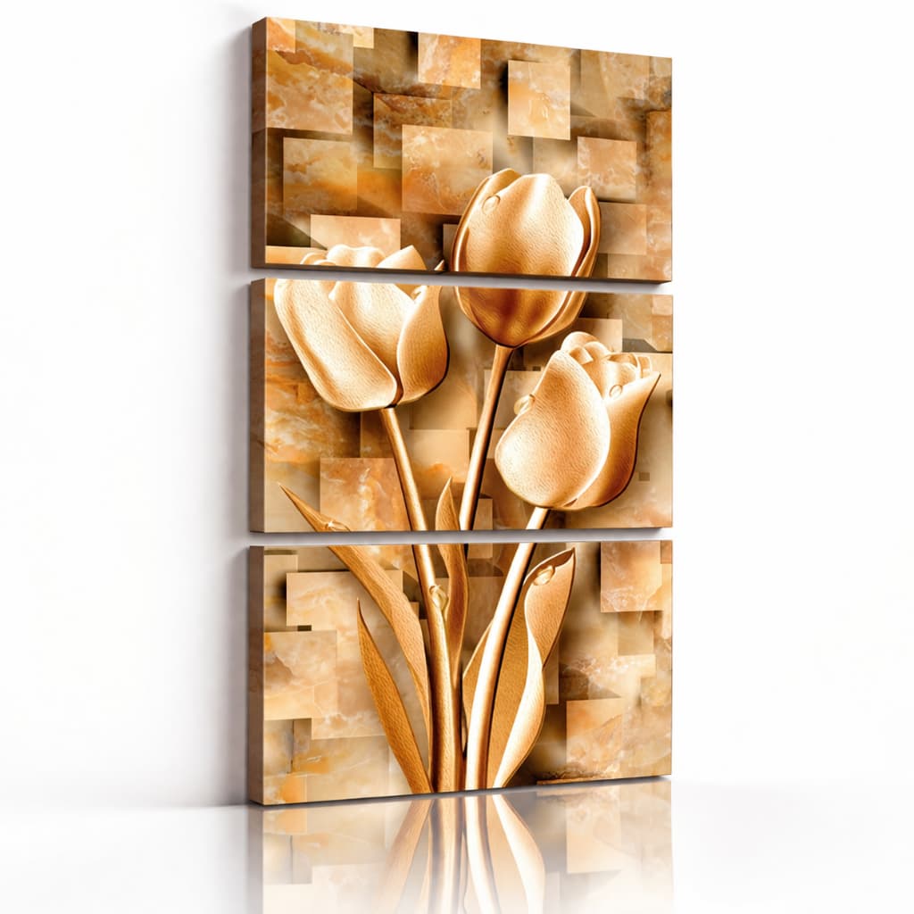 Quadros Decorativos Kit 3 Peças Tulipas Ouro Flores Sala de Estar Quarto Casal Cozinha Placas MDF Adesivado Mosaico Mode