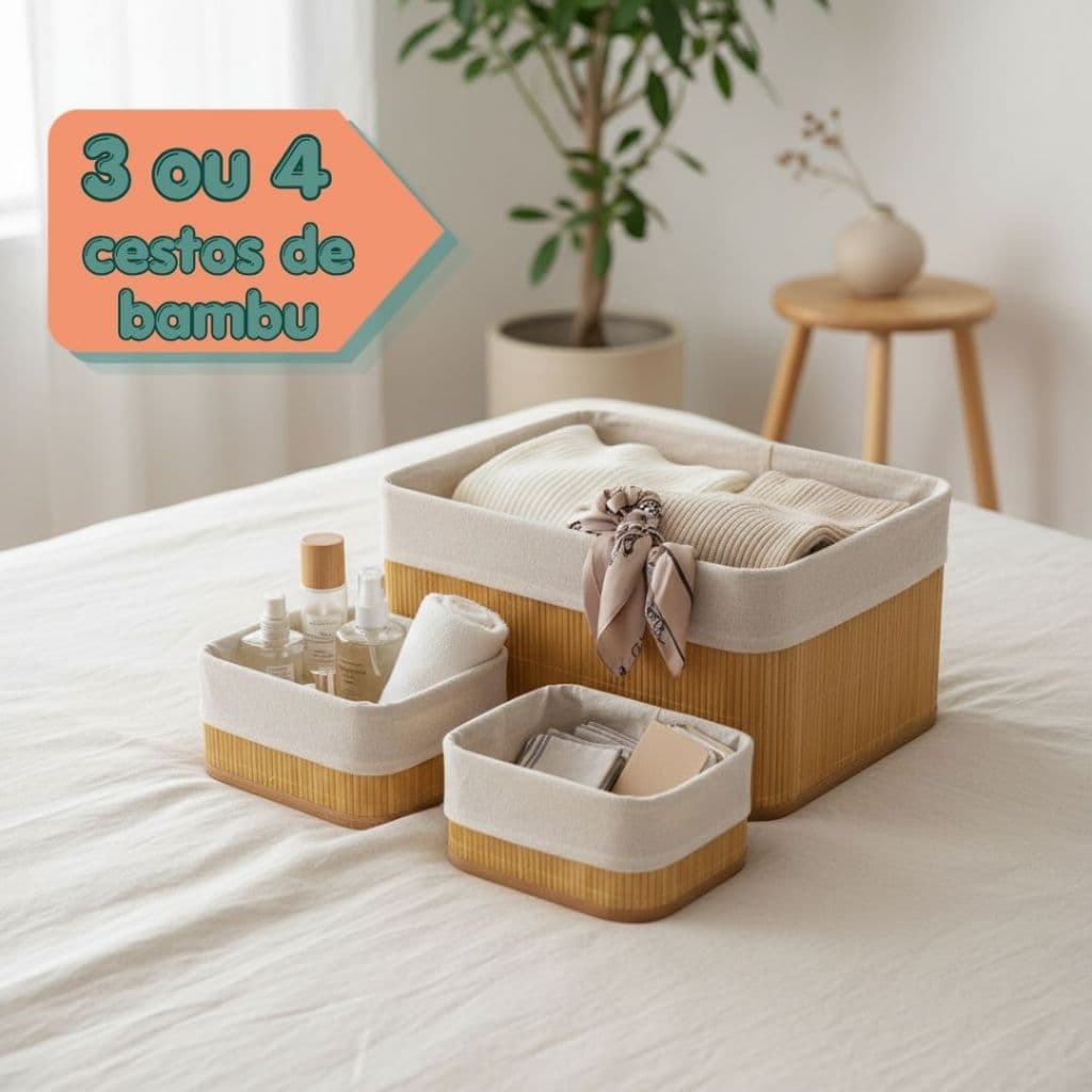 Conjunto Kit 3 4 Cestos Caixa Organizador Bambu Natural Quarto Banheiro Closet Gaveta Cozinha