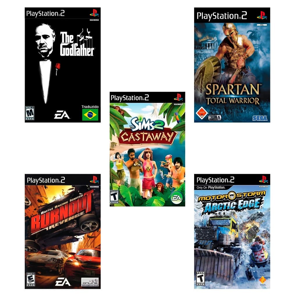 Kit 5 Jogos PS2 The Sims 2 Castaway + The Godfather PT-BR + Burnout Revenge + Spartan Total Warrior + MotorStorm Arctic