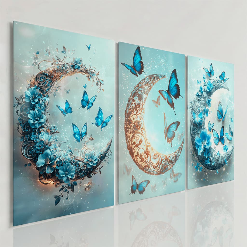 Quadros Decorativos Lua Floral Borboletas Azul Dourado Delicado Kit 3 Peças Quarto Sala Elegante