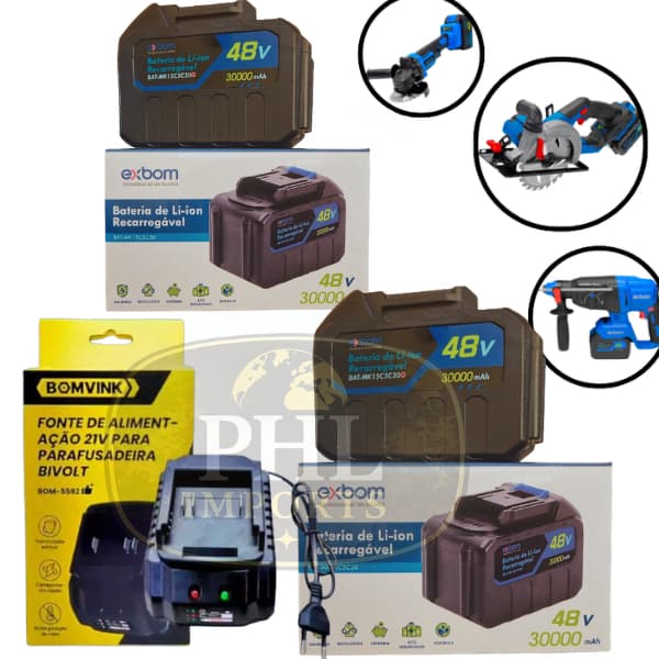 KIT 2 Bateria 48V Exbom 30AH Para Parafusadeira, Chave Impacto,Martelete,Esmerilhadeira + Carregador