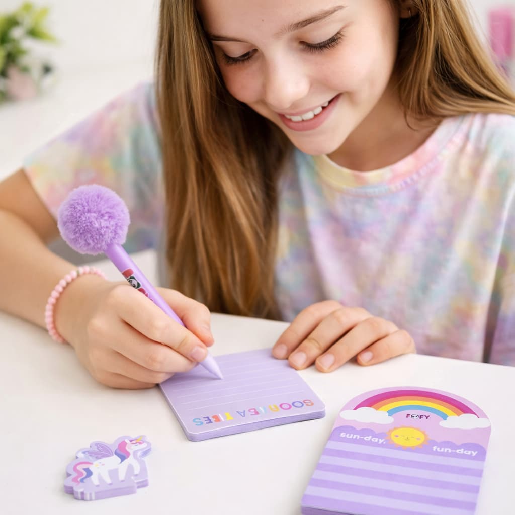 Kit Papelaria Unicórnio Fofa Bloco de Anotações com Caneta Pompom Post It Presente Criativo Infantil Menina Kit Completo