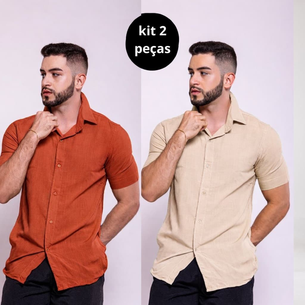 KIT 2 Camisa Masculina de linho slim premium Manga Curta Social casual Verão Frescas