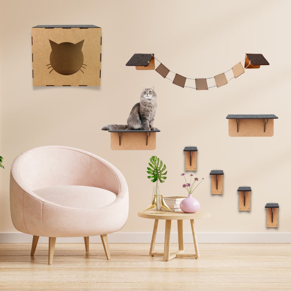 Playground para Gatos Kits Rede Arranhador Nicho Brinquedo Gato Ponte Degraus Prateleiras Parede Mdf