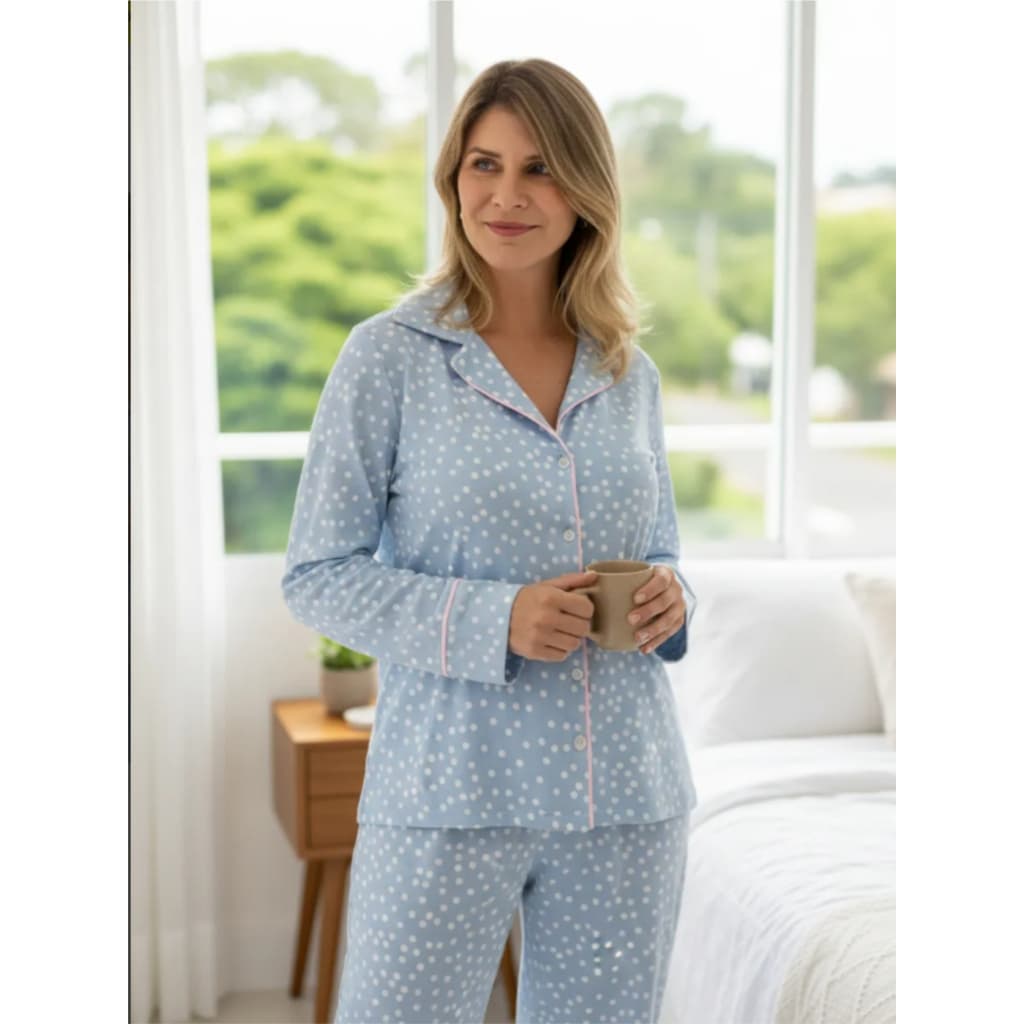 Pijama Feminino Americano Longo Abertura com Botões Algodão Amamentação Pós-Cirurgico-Poa Azul Claro