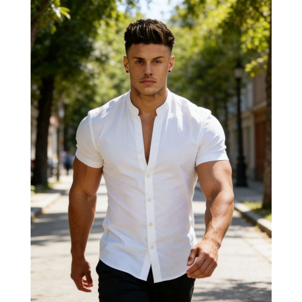 Camisa de manga curta com colarinho mandarim para homens  Blusa casual masculina de moda  Crepnho