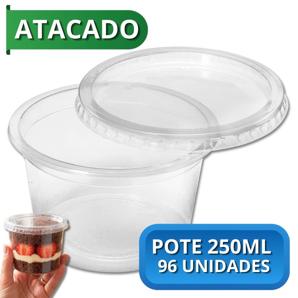 Kit Potes para Bolo Redondo 250ml Potinho Atacado 96un Freezer e Microondas Descartavel com Tampa