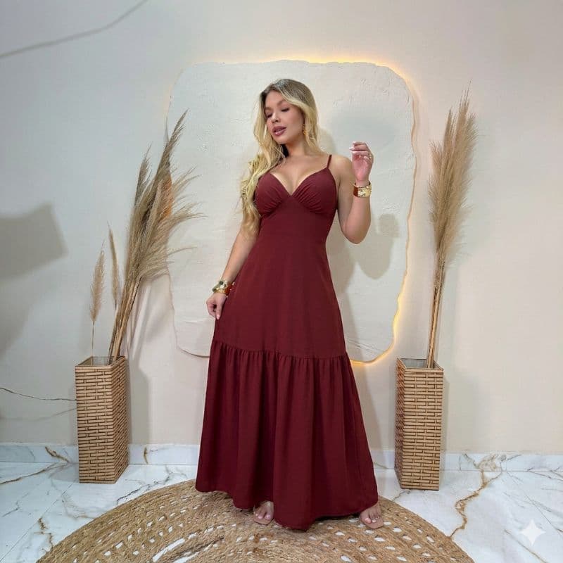 Vestido Feminino  longo com elastex nas costas elegante decote v