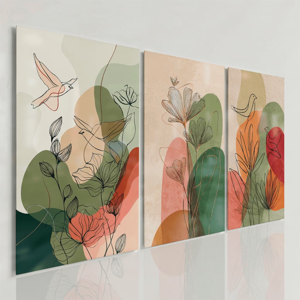 Quadros Decorativos Natureza Minimalista Pássaros e Folhas Arte Moderna Kit 3 Peças Sala