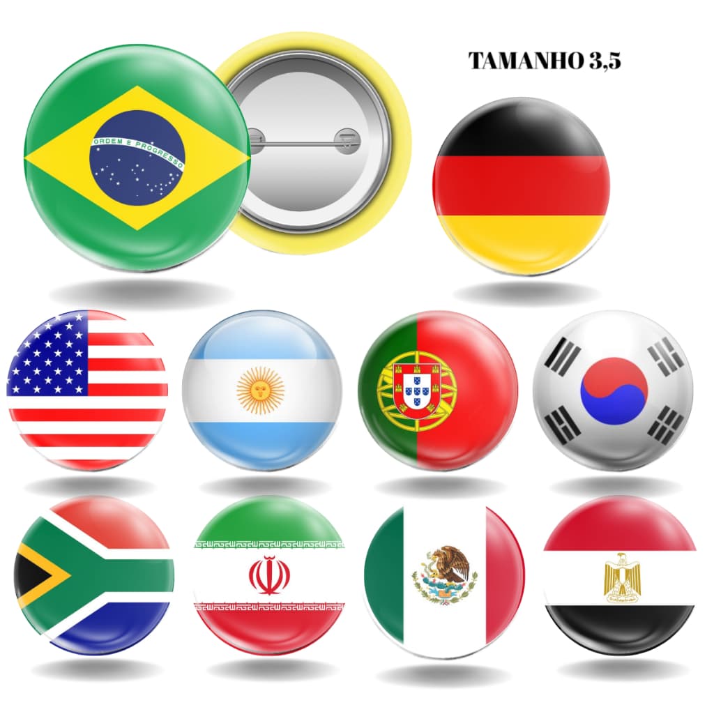 kit com 10 Bottons Bandeira Países do Mundo -  Bottom/botton - Boton - Broche alfinete - Boton - Button - Pin - Bo