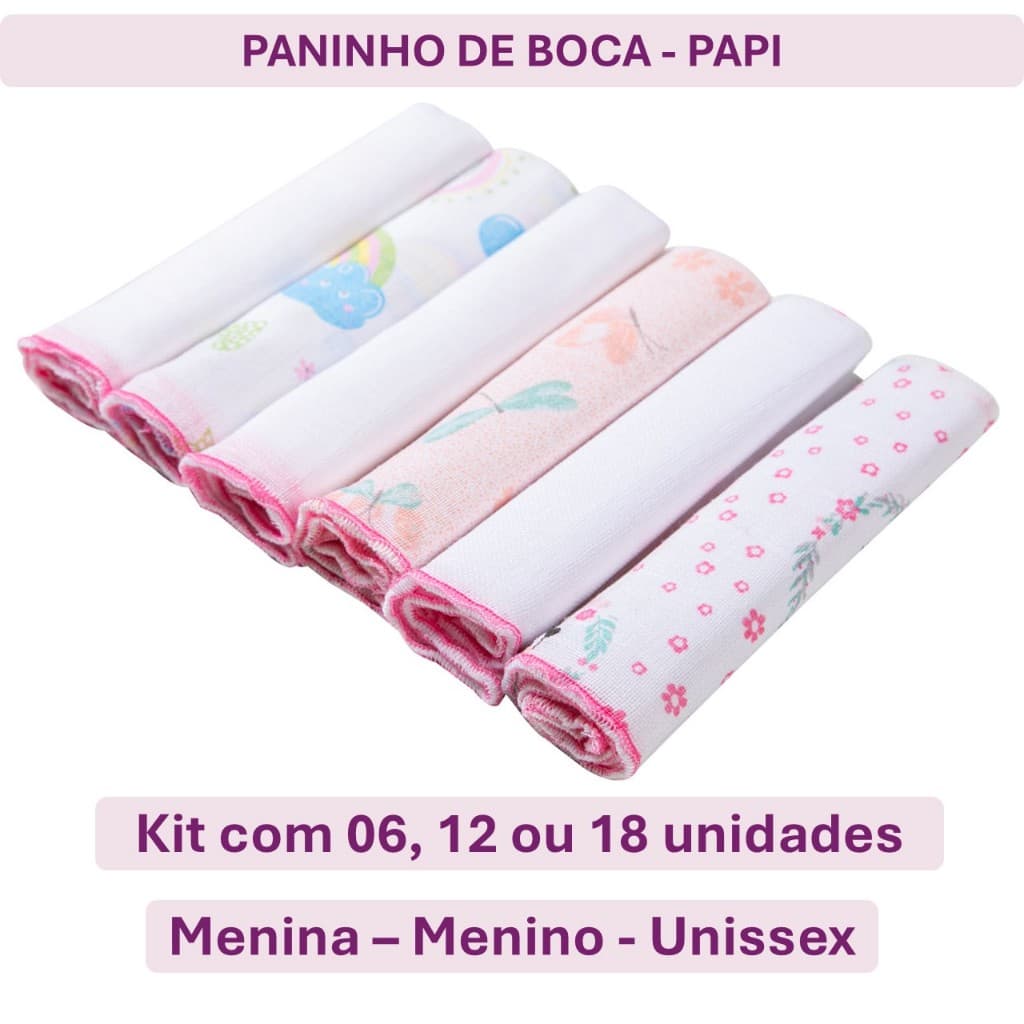Kit 6 Pano de Boca 100% Algodão Paninho Fralda de Bebe 30cmx30cm Papi