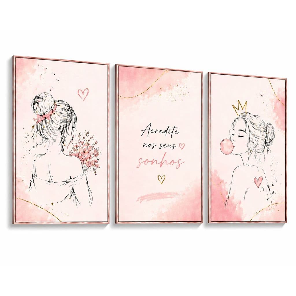 Kit 3 Quadros Frases Motivacionais Feminino Rosa Gold Quarto Adolescente Decoração Moderna