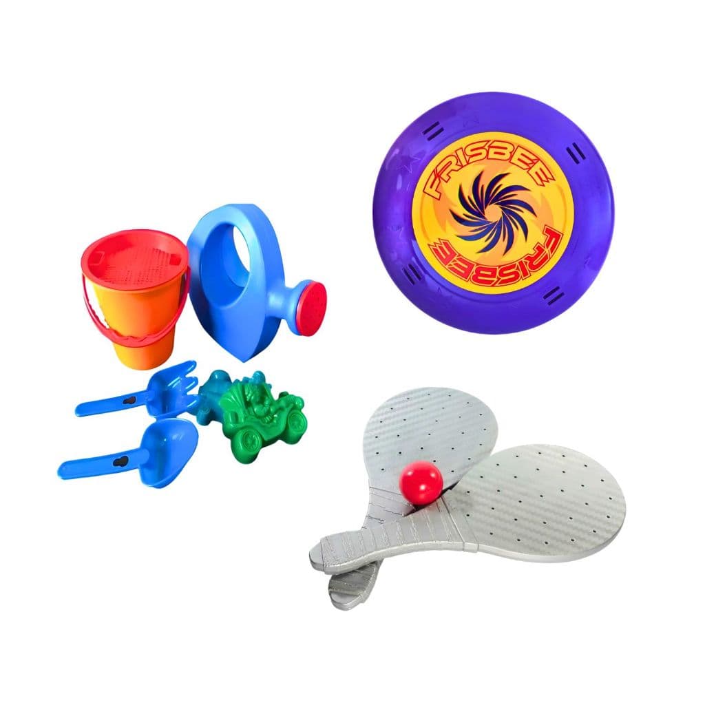 Kit Brinquedos Baldinho de Praia Castelinho Areia + Frisbee + Frescobol Infantil Brinquedo Criancas