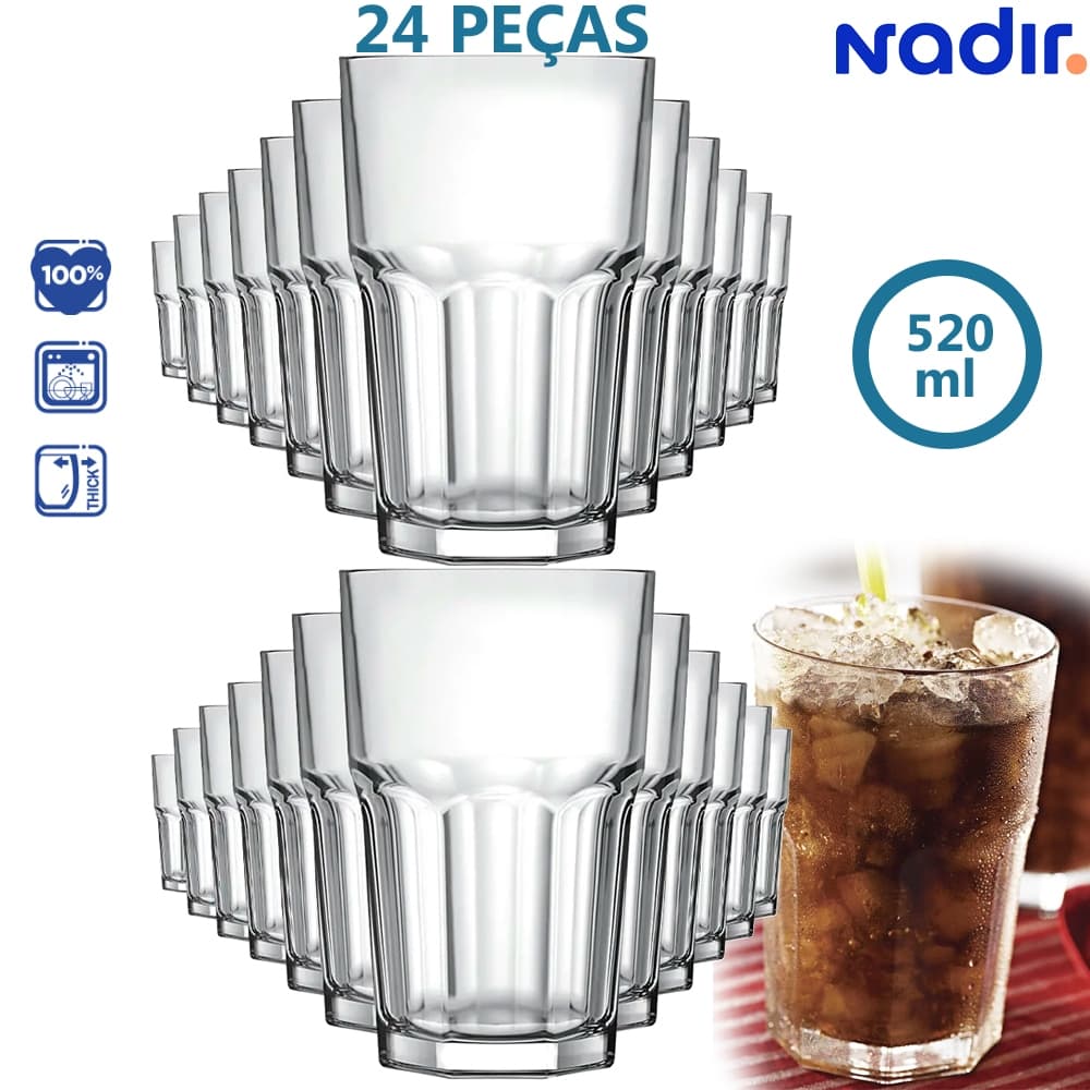 Kit Jogo 24 Copos Bristol Long Drink 520ml Vidro Grosso Bar Restaurante Buffet Nadir