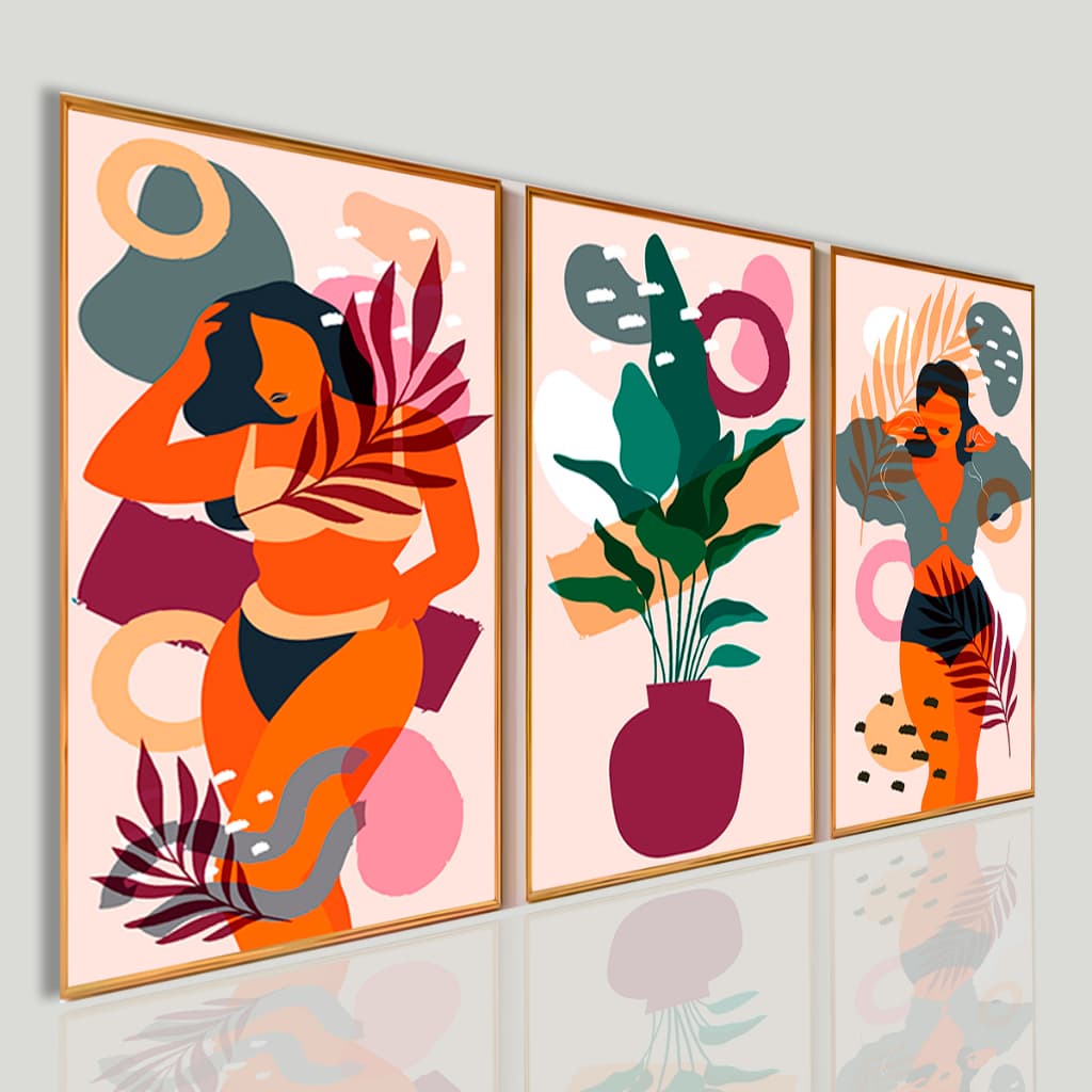 Trio quadros Decorativos Minimalistas Silhueta Feminina e Folhas Tropicais Boho Chic Premium