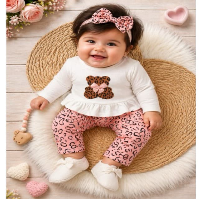 Conjunto Bebê Menina fofa Ursa manga longa Inverno/Outono