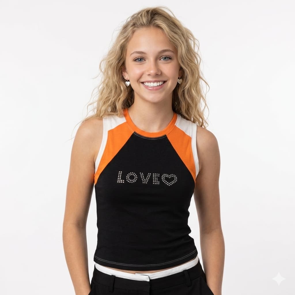 Regata Baby Look Juvenil Slim Fit Com Brilho - Estilo Y2K Tendência