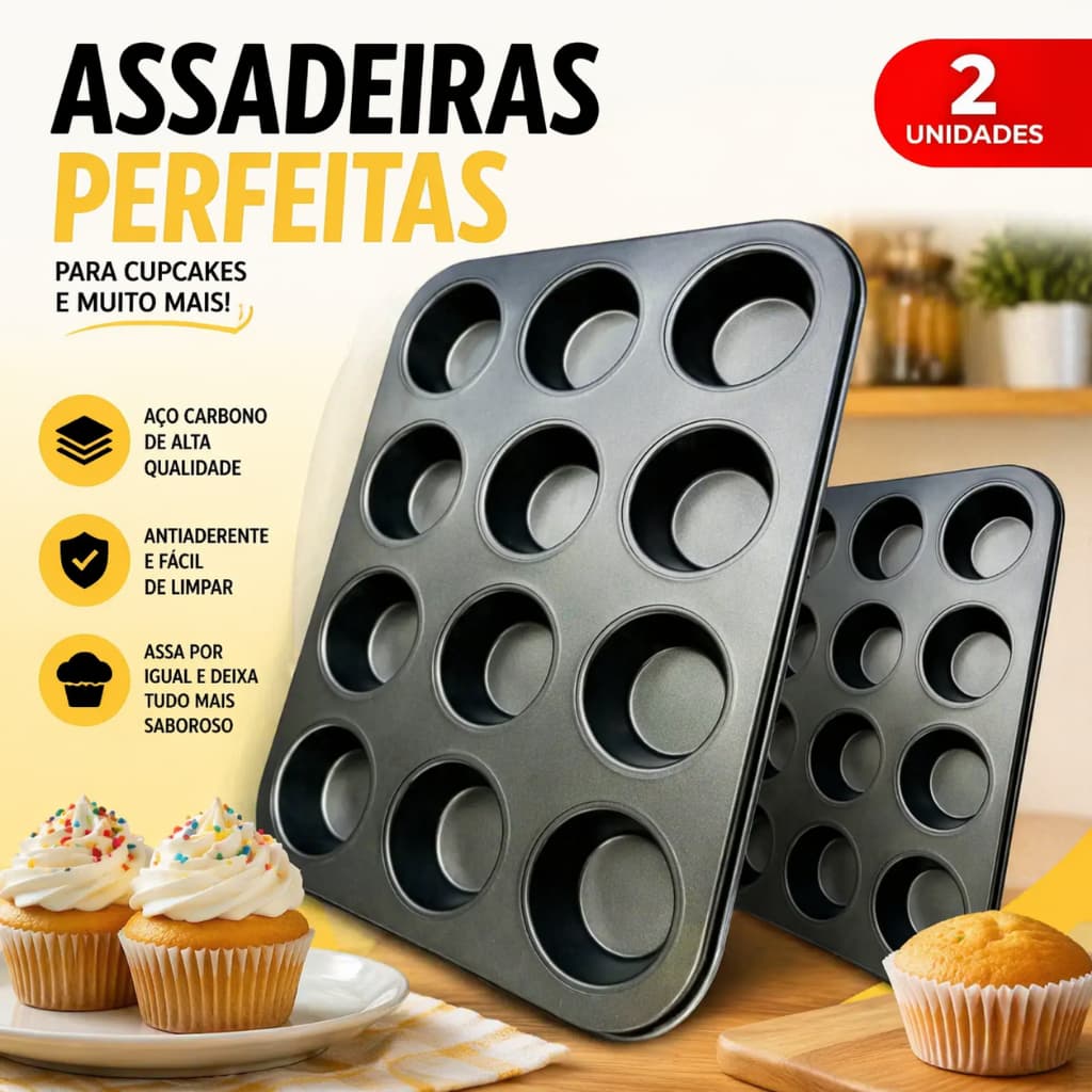 Kit Forma de Cupcake Antiaderente 12 Cavidades Teflon 1 ou 2 Und Bolinho Pão de Mel Pão de Queijo
