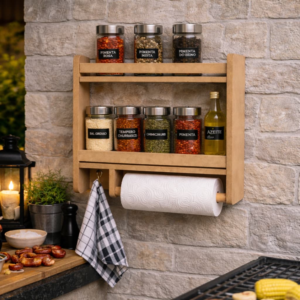 Porta Tempero Simples MDF Para Cozinha Porta Condimentos de Parede em Madeira com Prateleira e Suporte para Papel