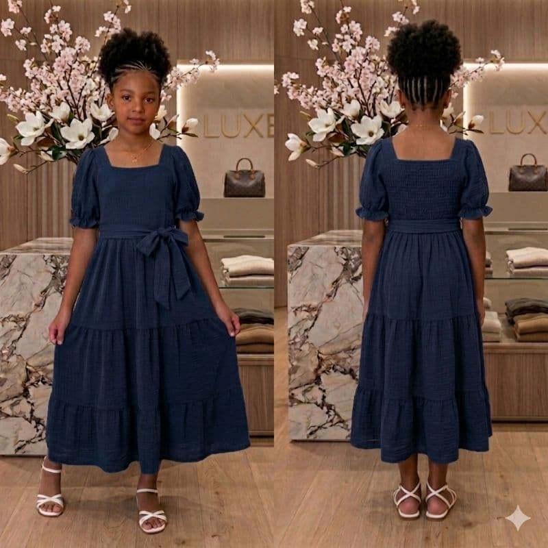 Vestido Infantil Juvenil Menina Midi Manga Princesa Três Marias Moda Evangélica Com Faixa Cinto